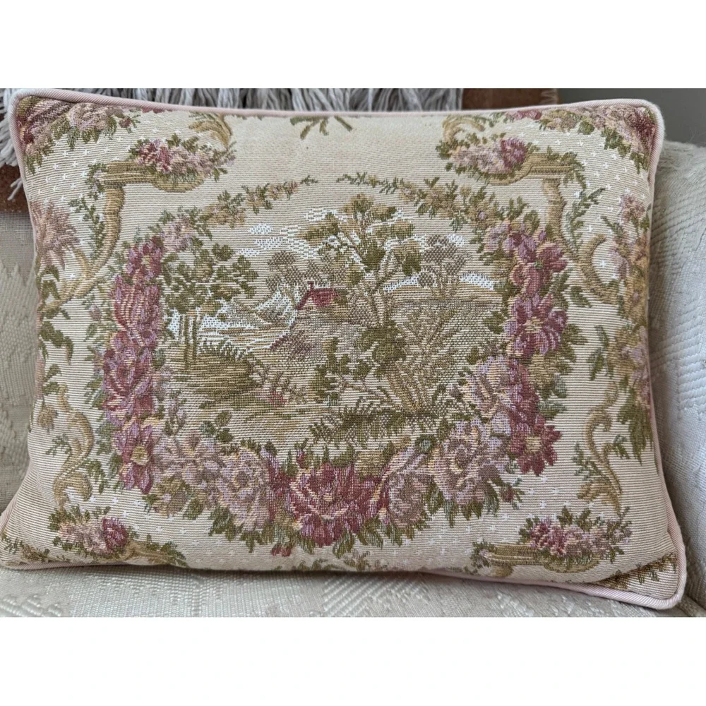 Vintage Floral Tapestry Throw Pillow Pastoral Cottage Scene Pink Roses 11x8.5